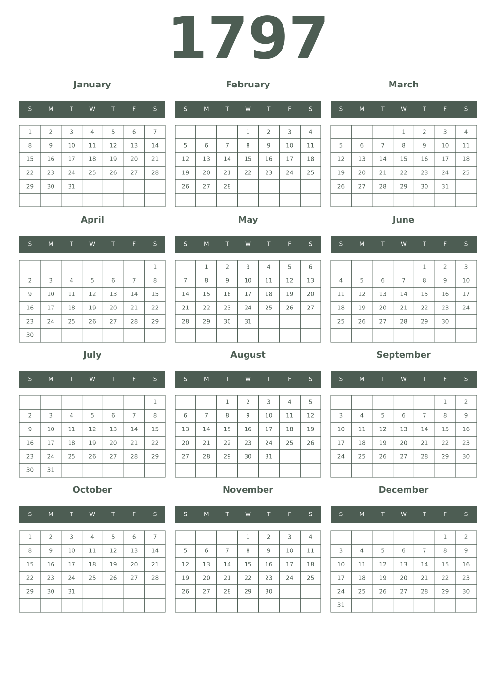 Printable 1797 Year Calendars feldgrau