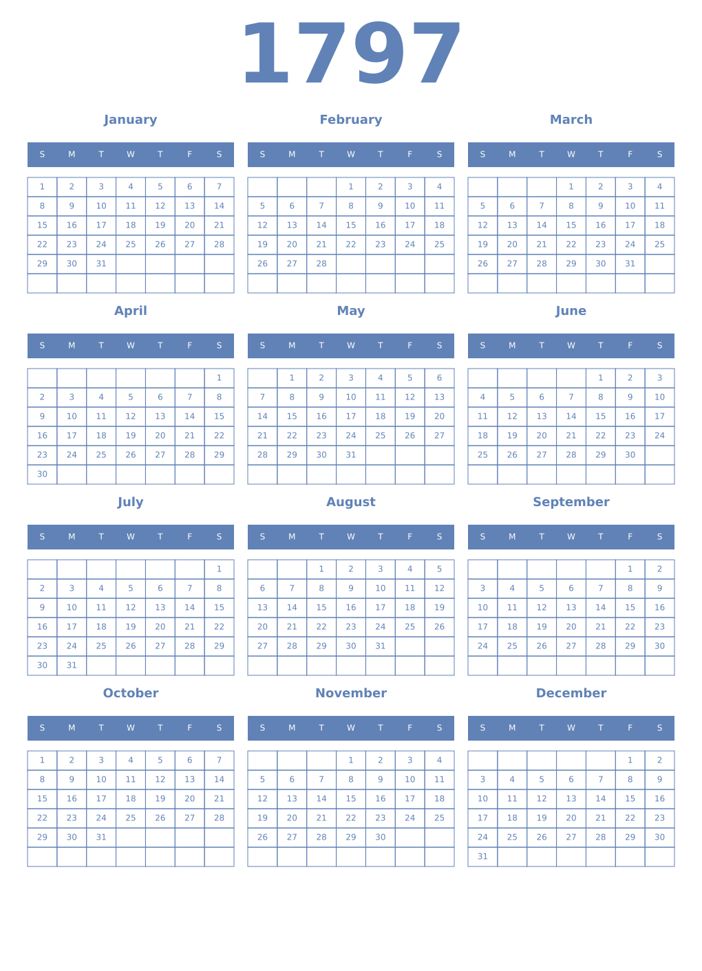Printable 1797 Year Calendars glaucous
