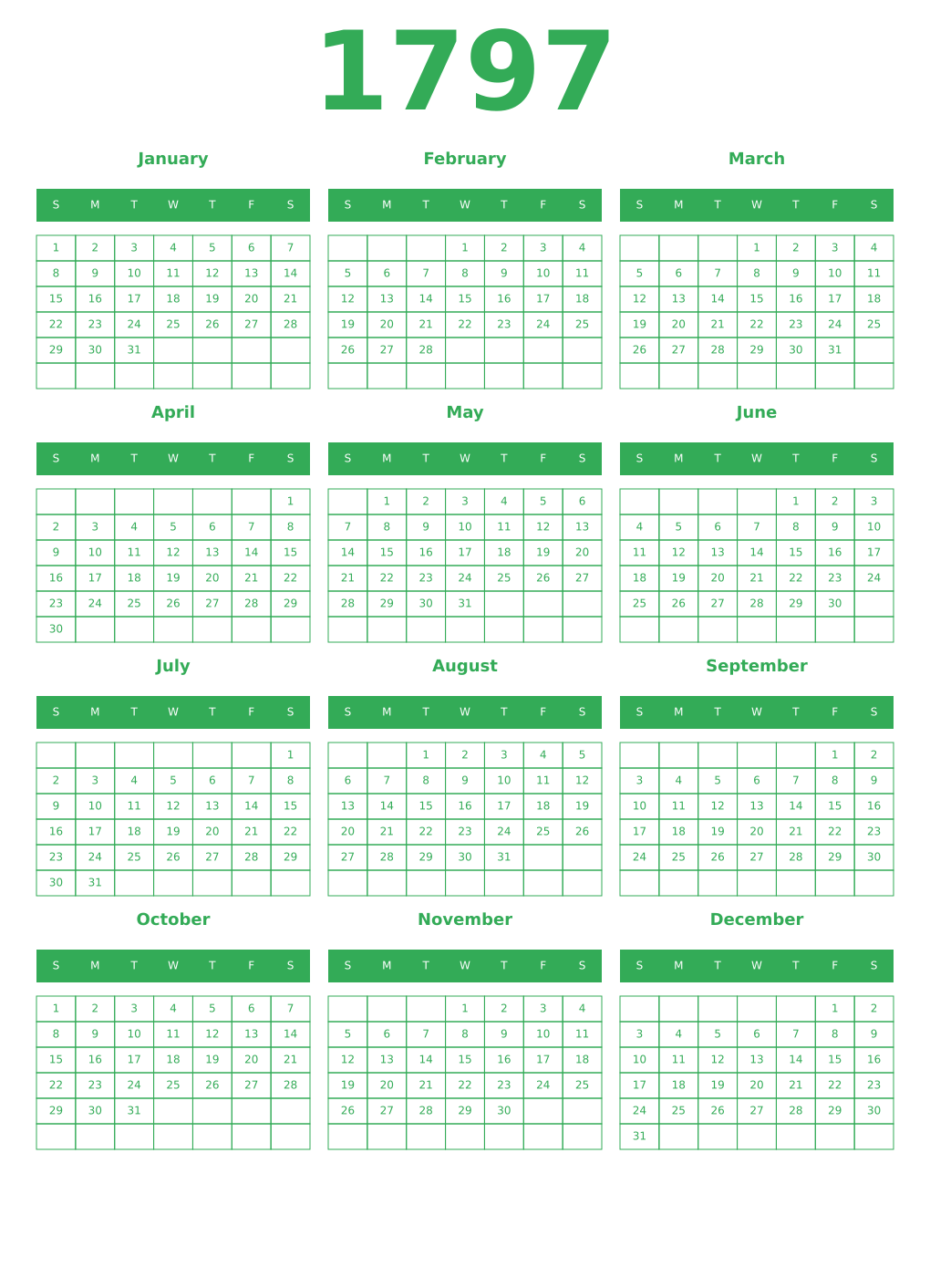 Printable 1797 Year Calendars green