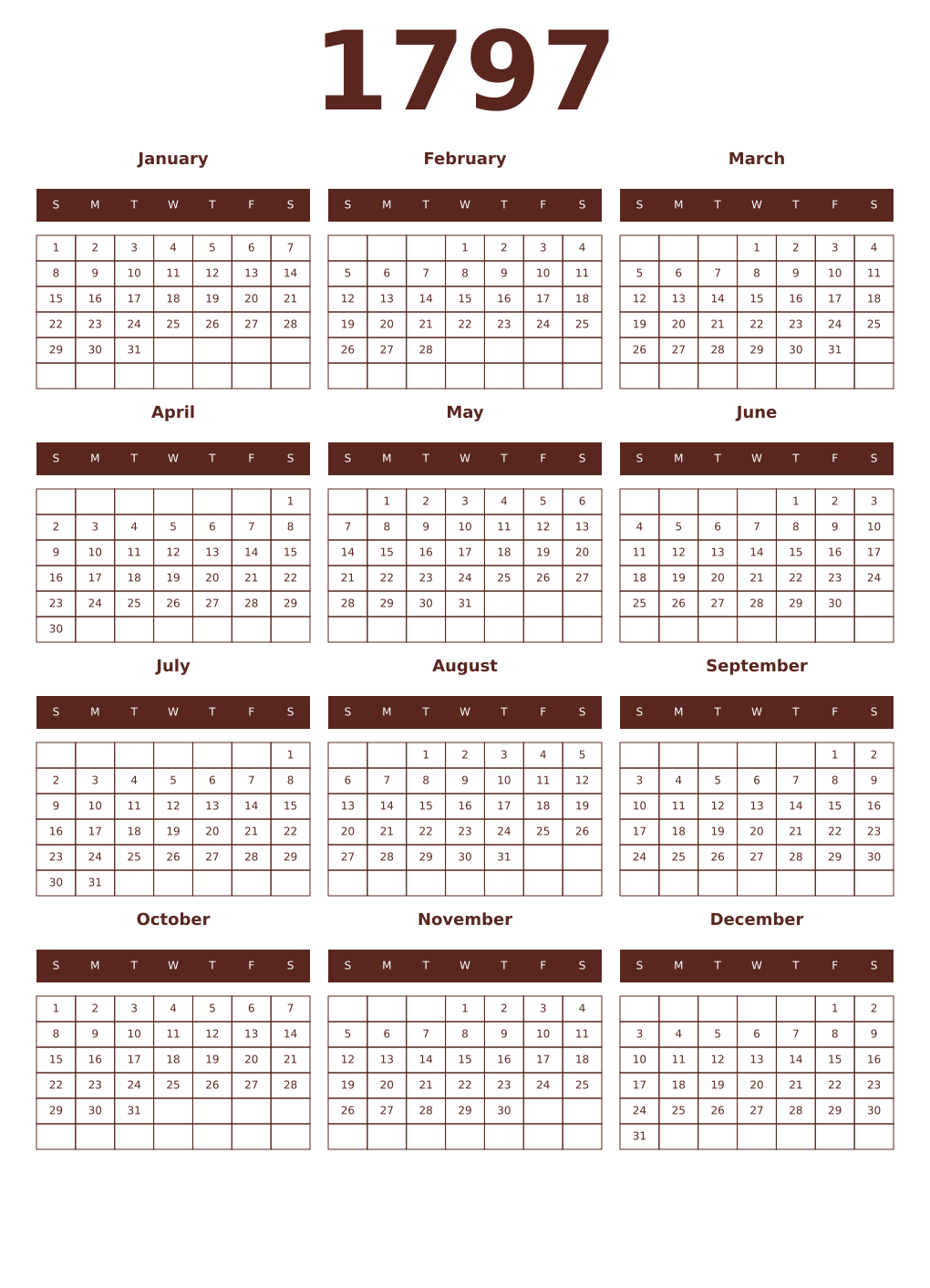 Printable 1797 Year Calendars mortuum