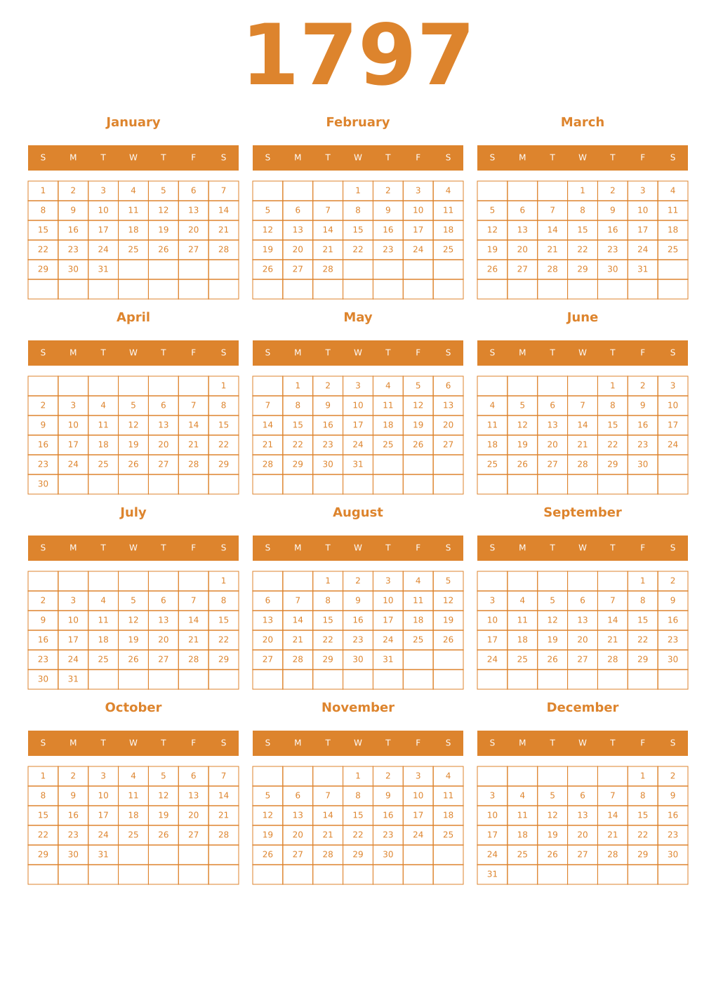 Printable 1797 Year Calendars orange
