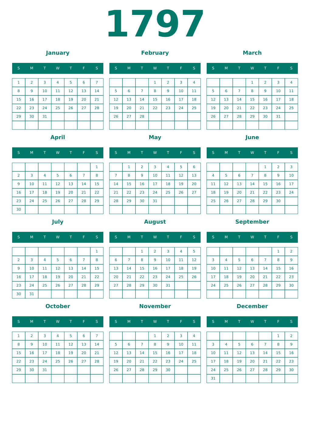 Printable 1797 Year Calendars pastel