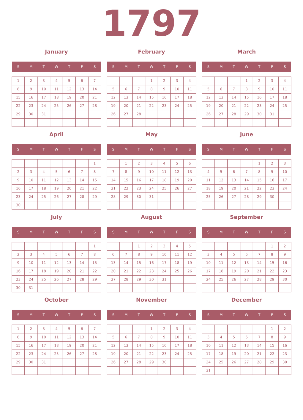 Printable 1797 Year Calendars puce
