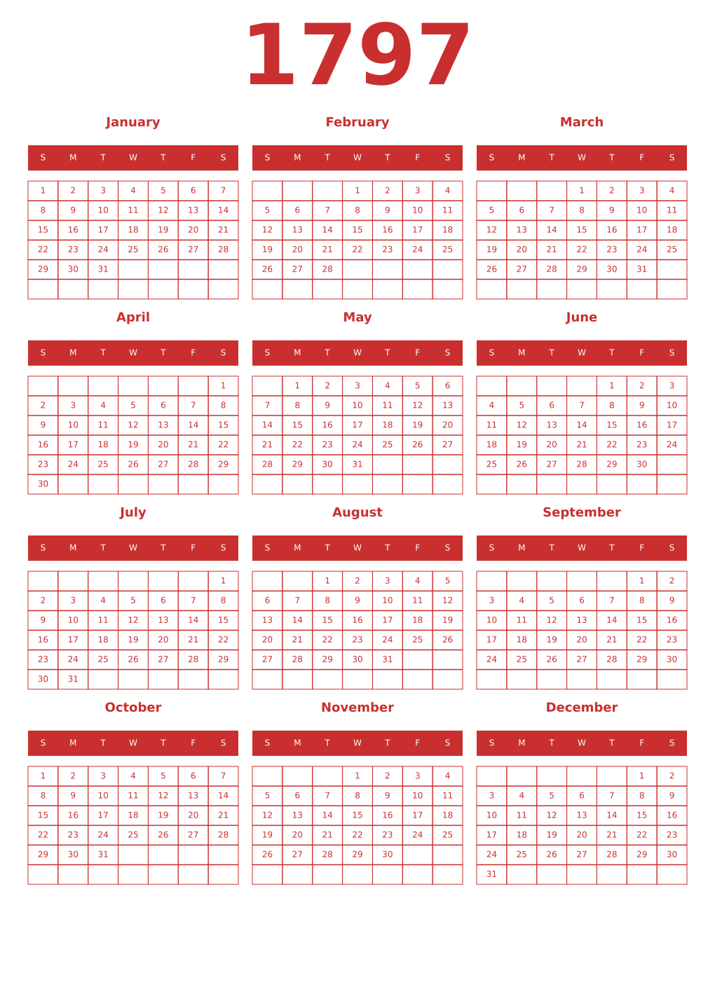 Printable 1797 Year Calendars red