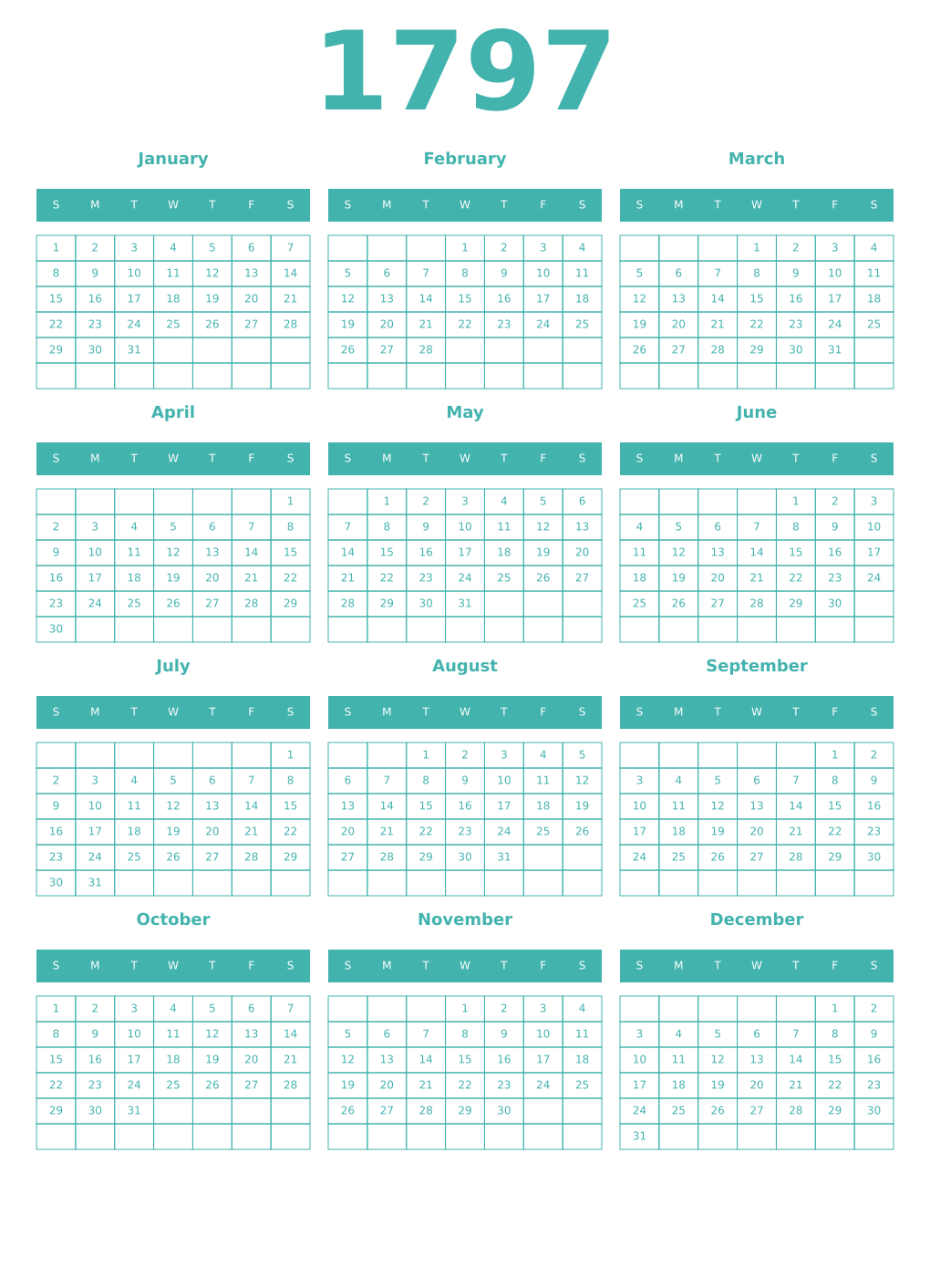 Printable 1797 Year Calendars verdigris