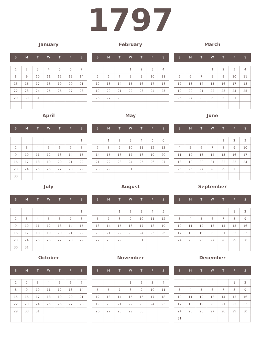 Printable 1797 Year Calendars wenge