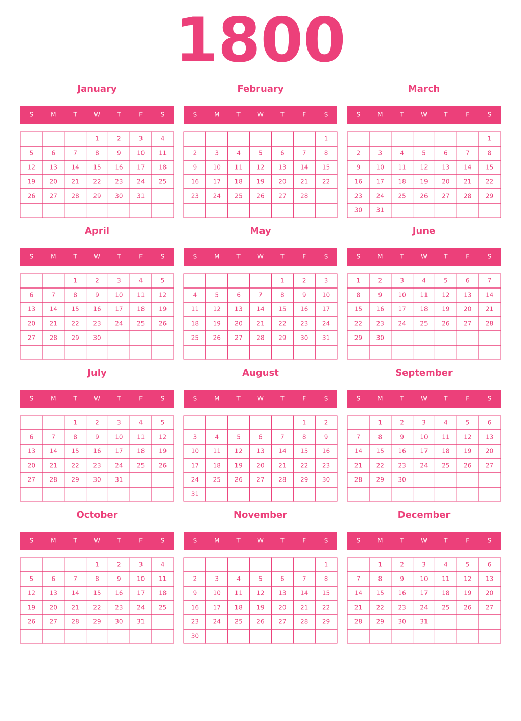 Printable 1800 Year Calendars pink