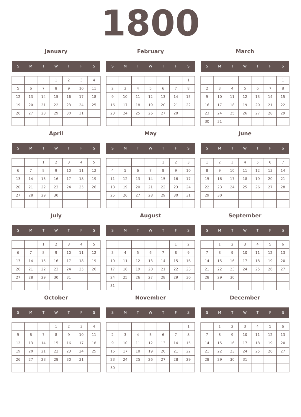 Printable 1800 Year Calendars wenge