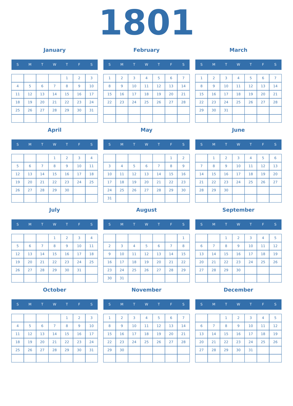 Printable 1801 Year Calendars blue