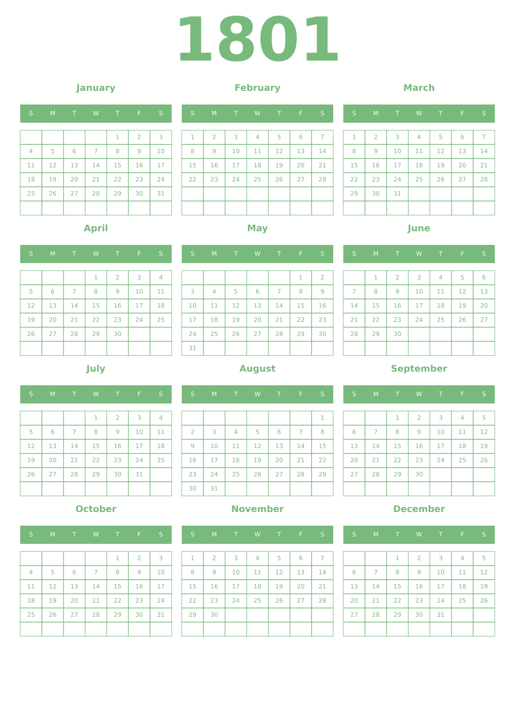 Printable 1801 Year Calendars celadon