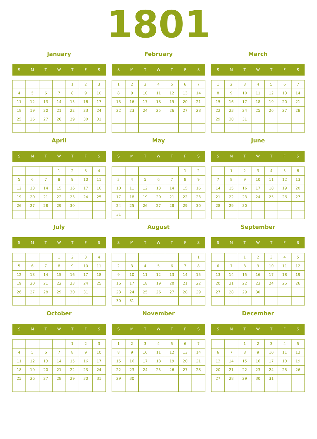 Printable 1801 Year Calendars chartreuse