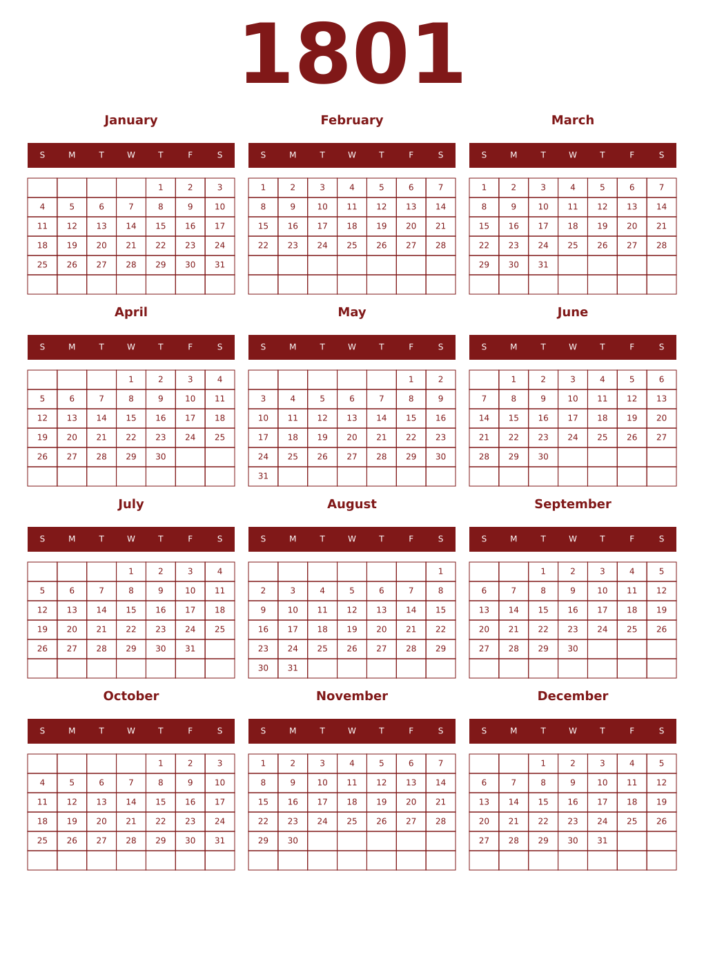 Printable 1801 Year Calendars falu