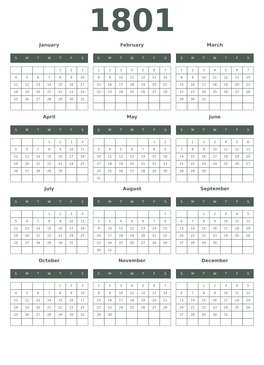 Printable 1801 Year Calendars feldgrau
