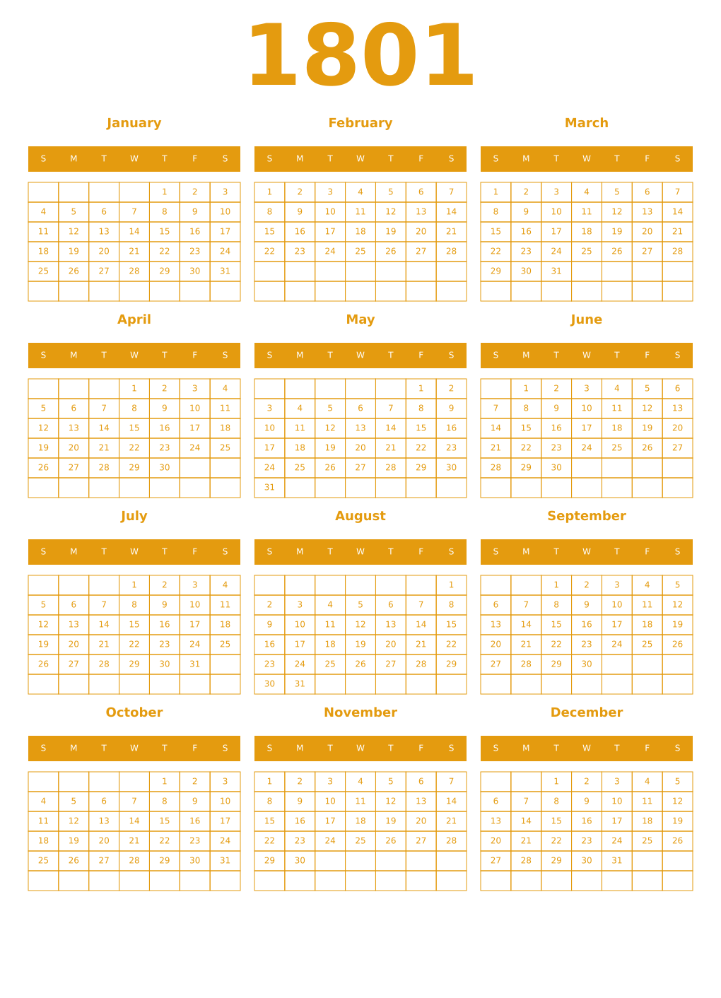 Printable 1801 Year Calendars gamboge