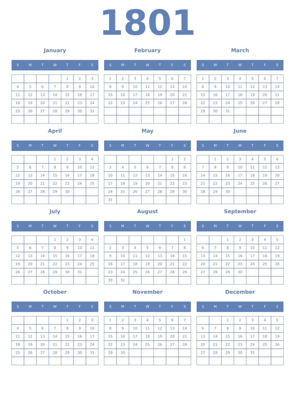 Printable 1801 Year Calendars glaucous