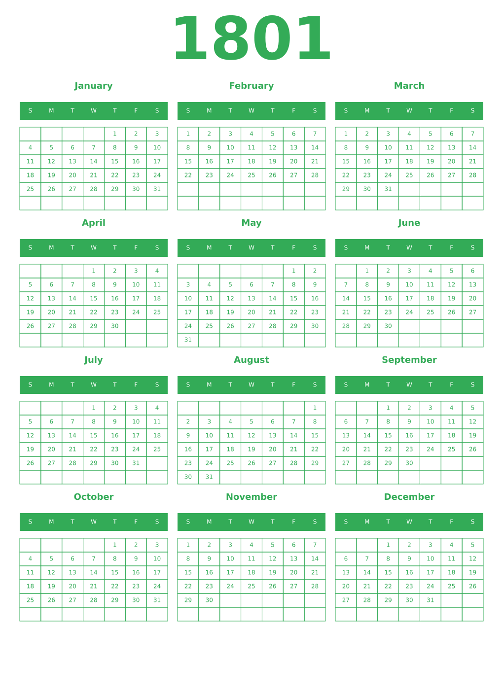 Printable 1801 Year Calendars green