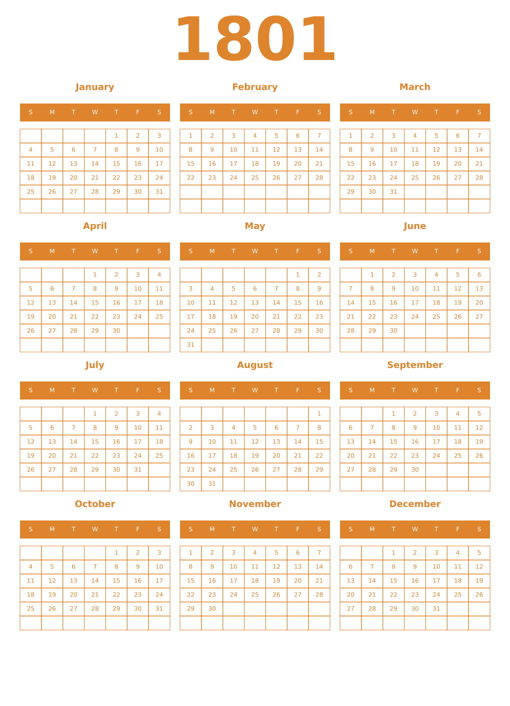 Printable 1801 Year Calendars orange