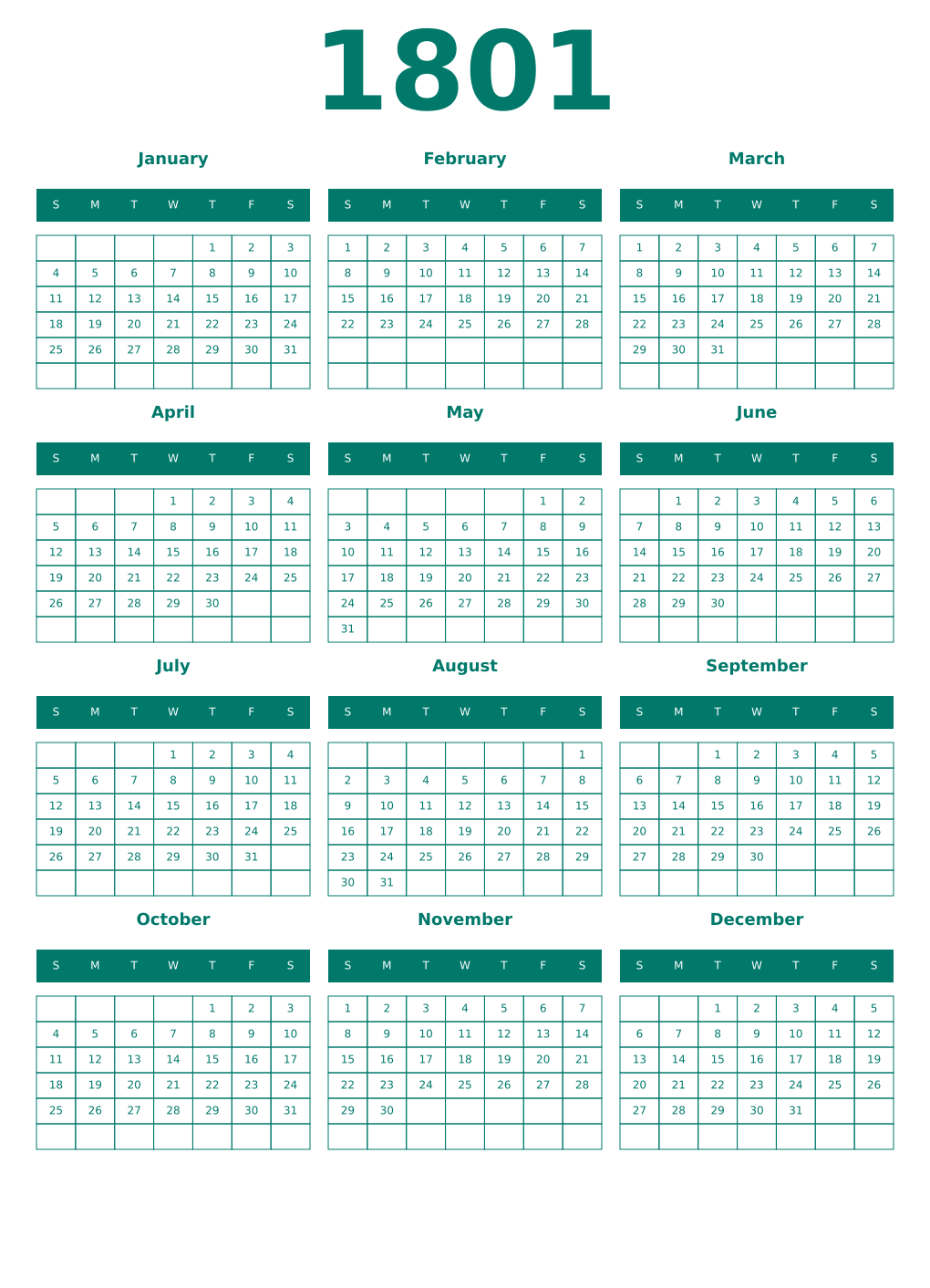 Printable 1801 Year Calendars pastel