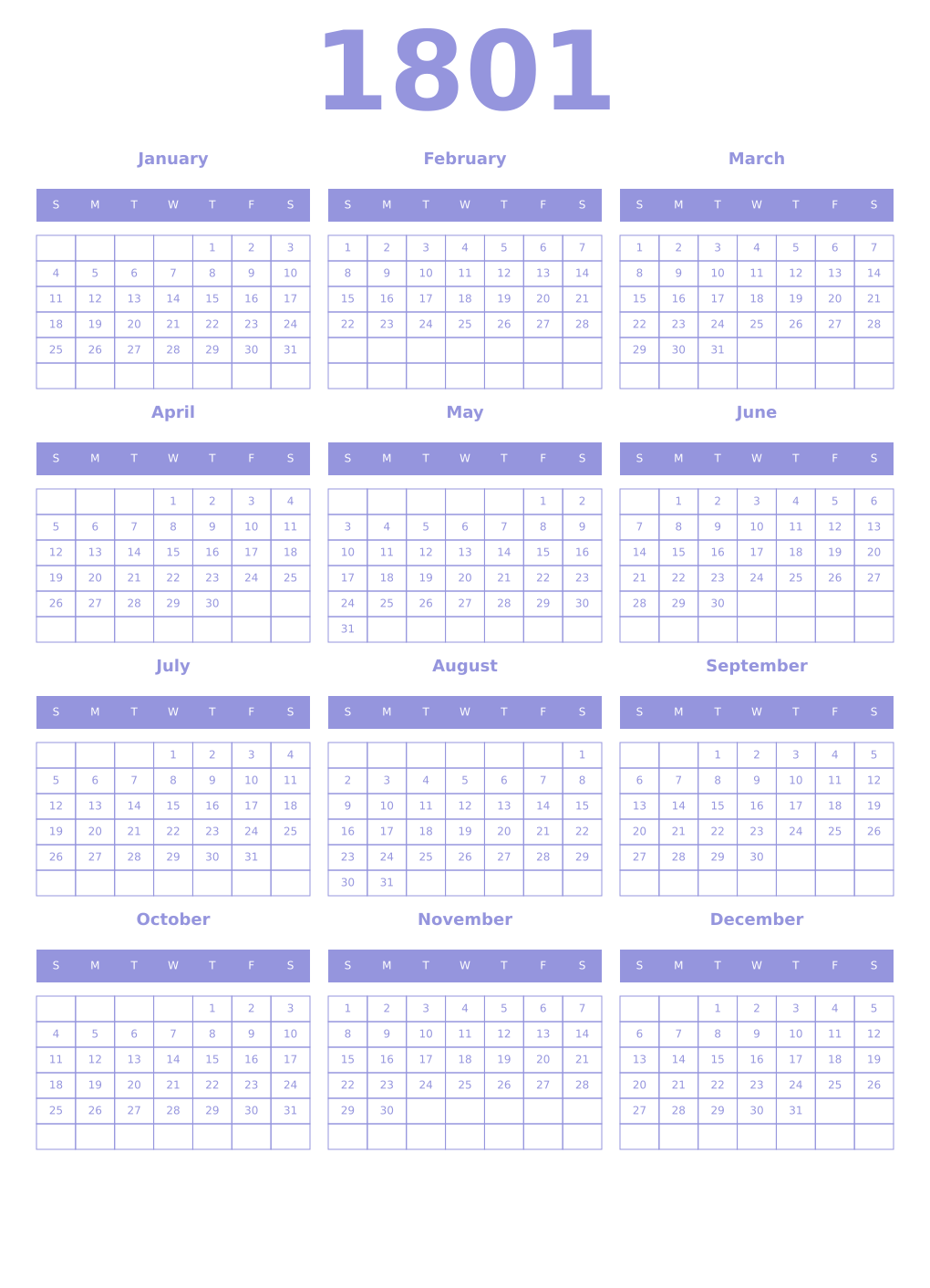 Printable 1801 Year Calendars periwinkle