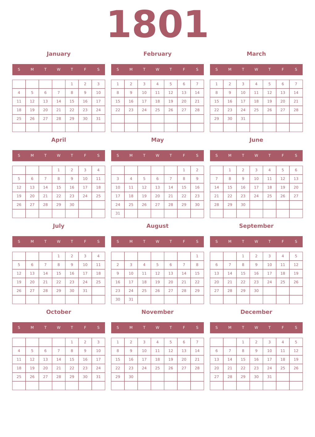 Printable 1801 Year Calendars puce