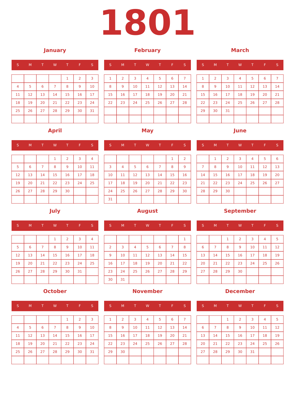 Printable 1801 Year Calendars red