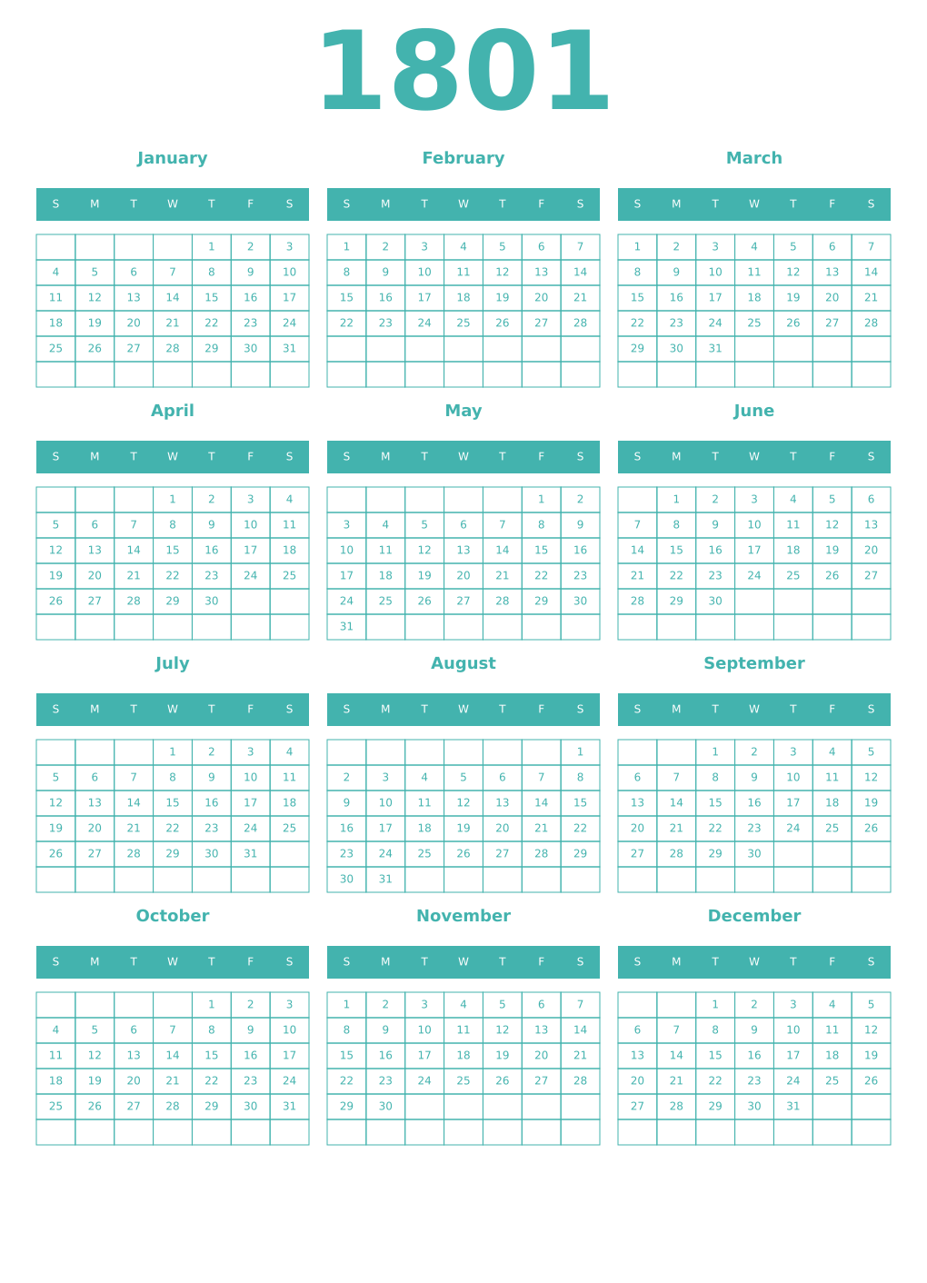 Printable 1801 Year Calendars verdigris