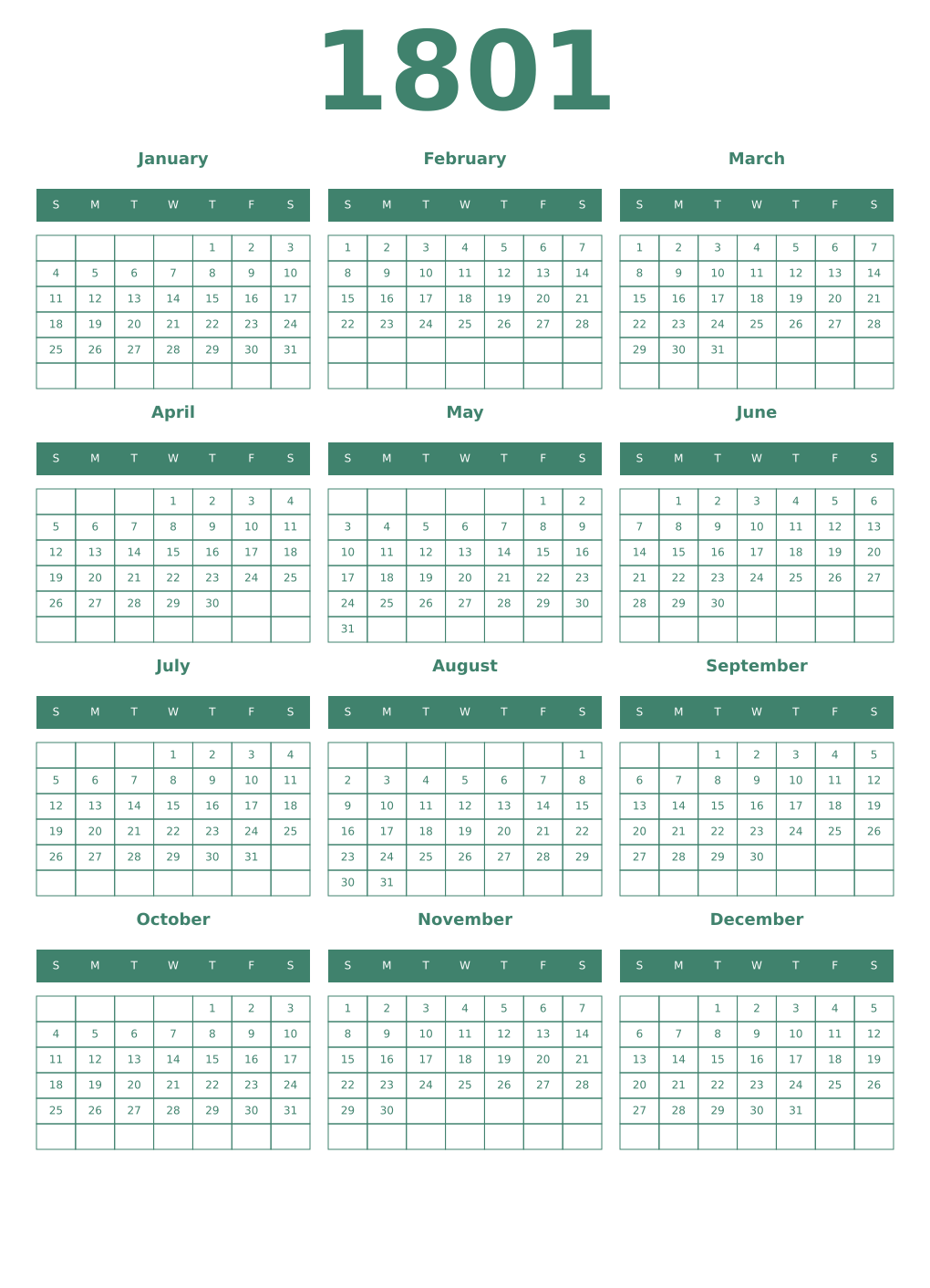 Printable 1801 Year Calendars viridian