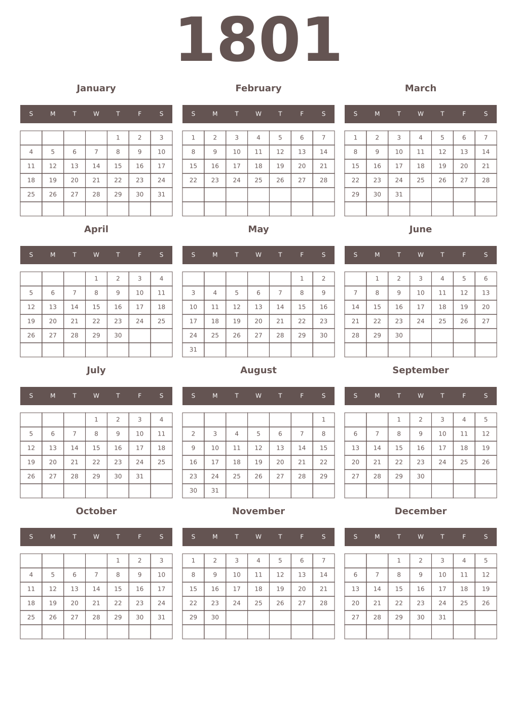 Printable 1801 Year Calendars wenge