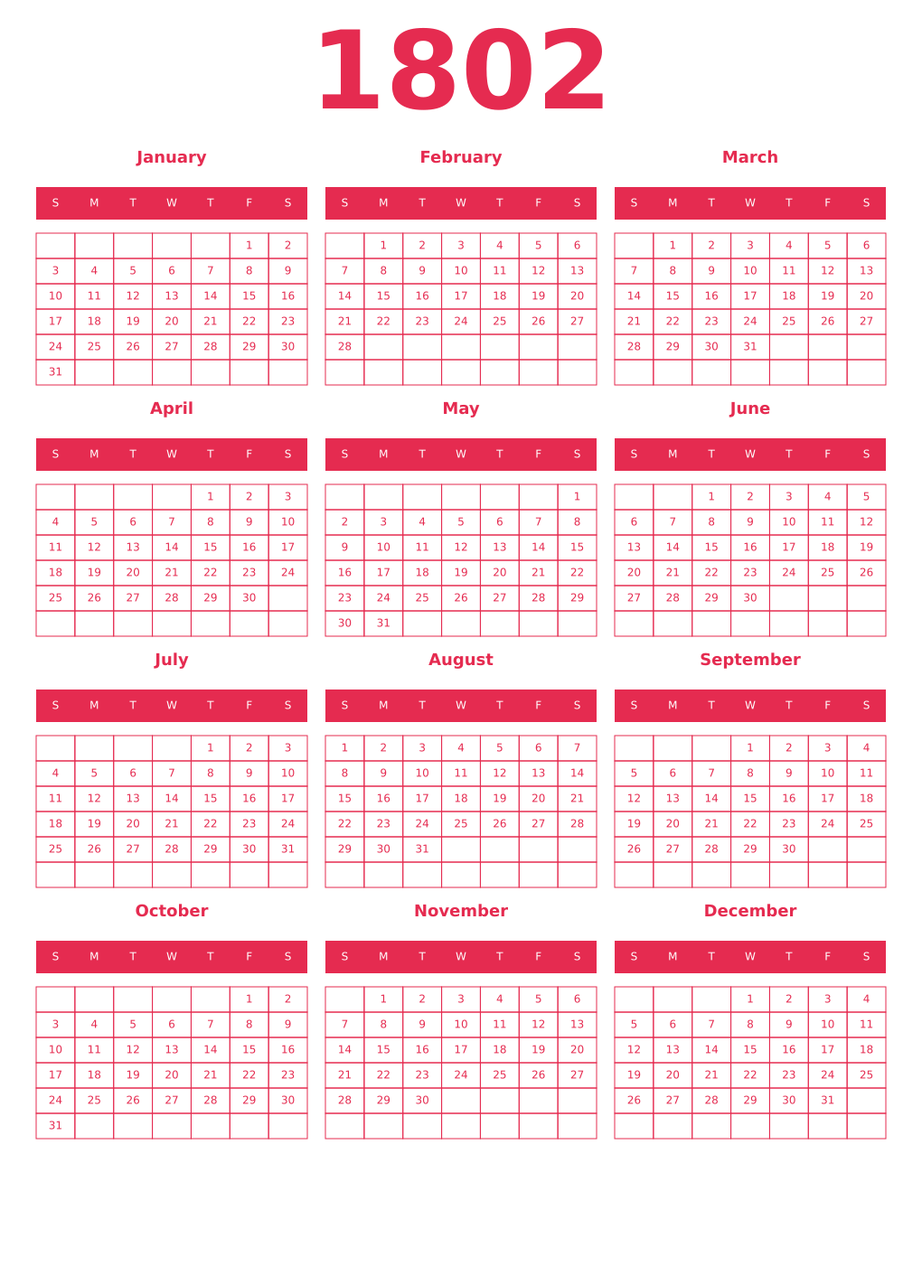 Printable 1802 Year Calendars amaranth