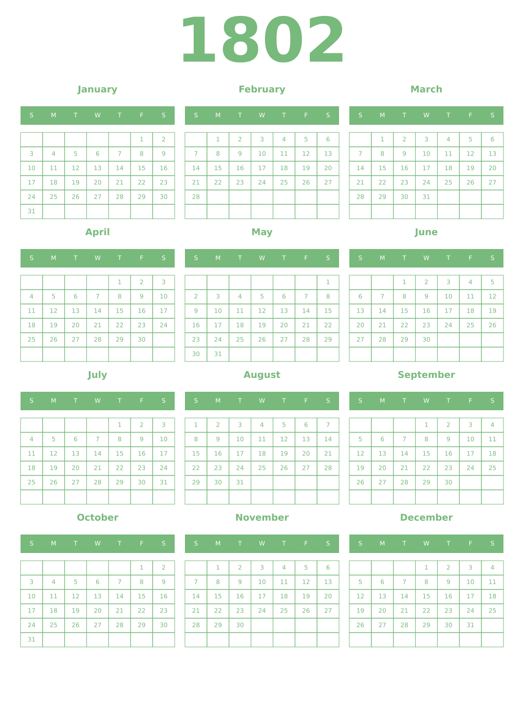 Printable 1802 Year Calendars celadon