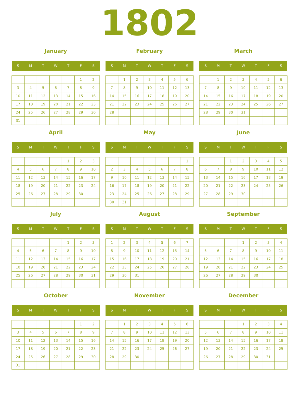 Printable 1802 Year Calendars chartreuse