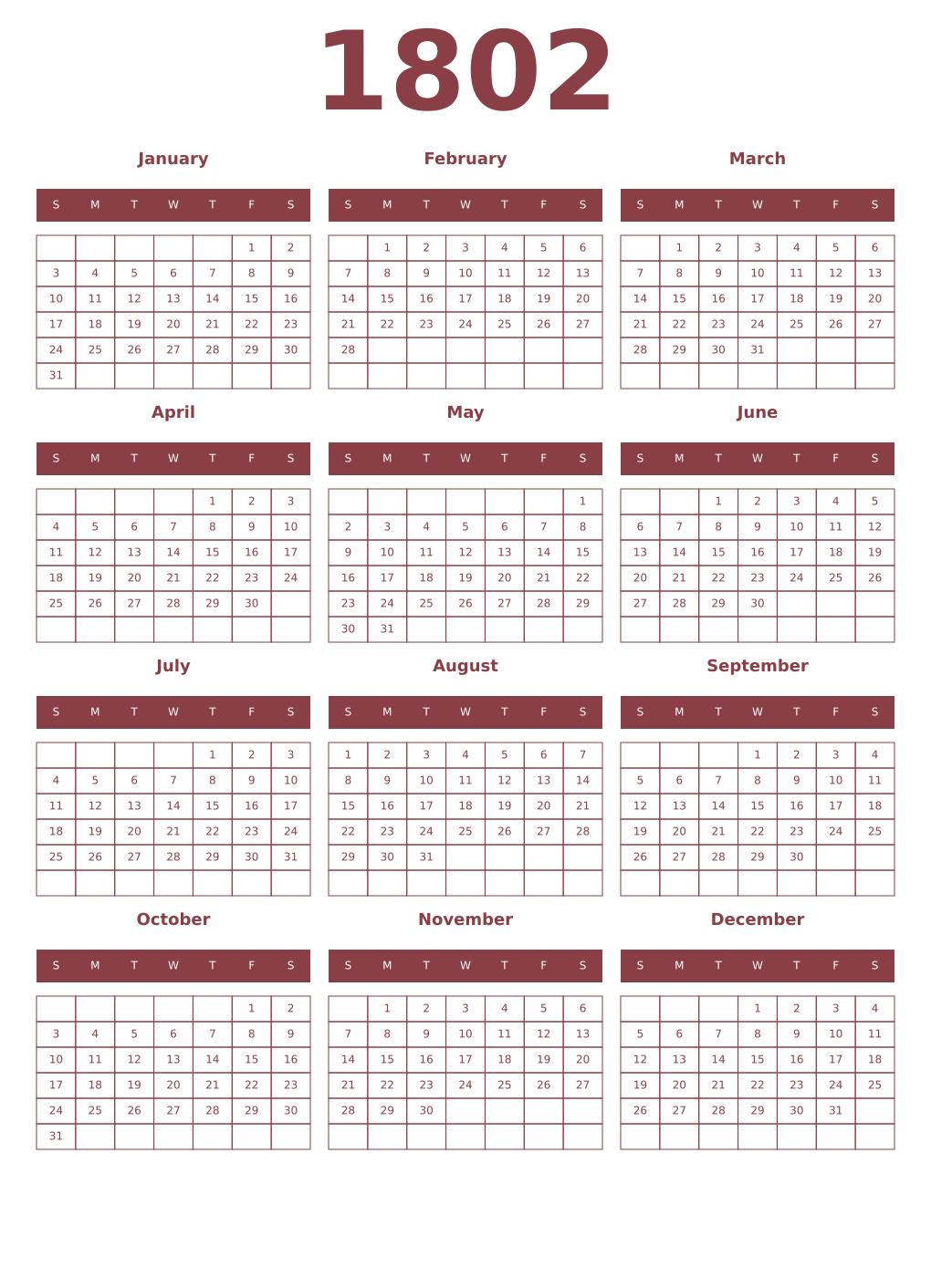 Printable 1802 Year Calendars cordovan