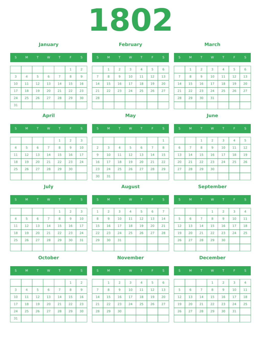 Printable 1802 Year Calendars green