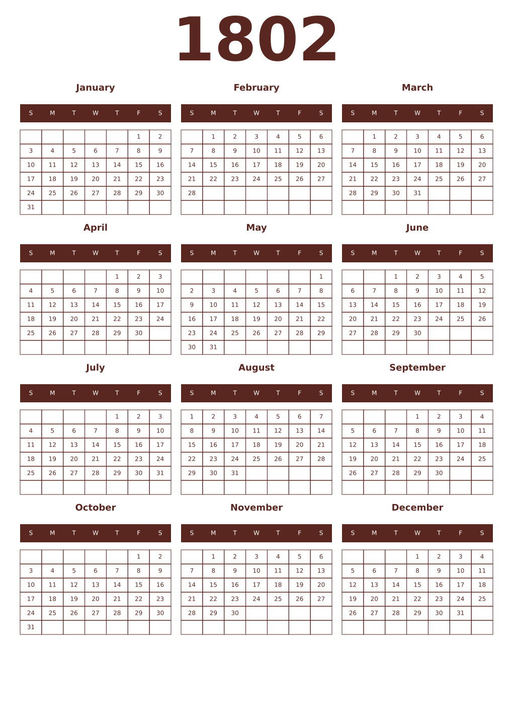 Printable 1802 Year Calendars mortuum