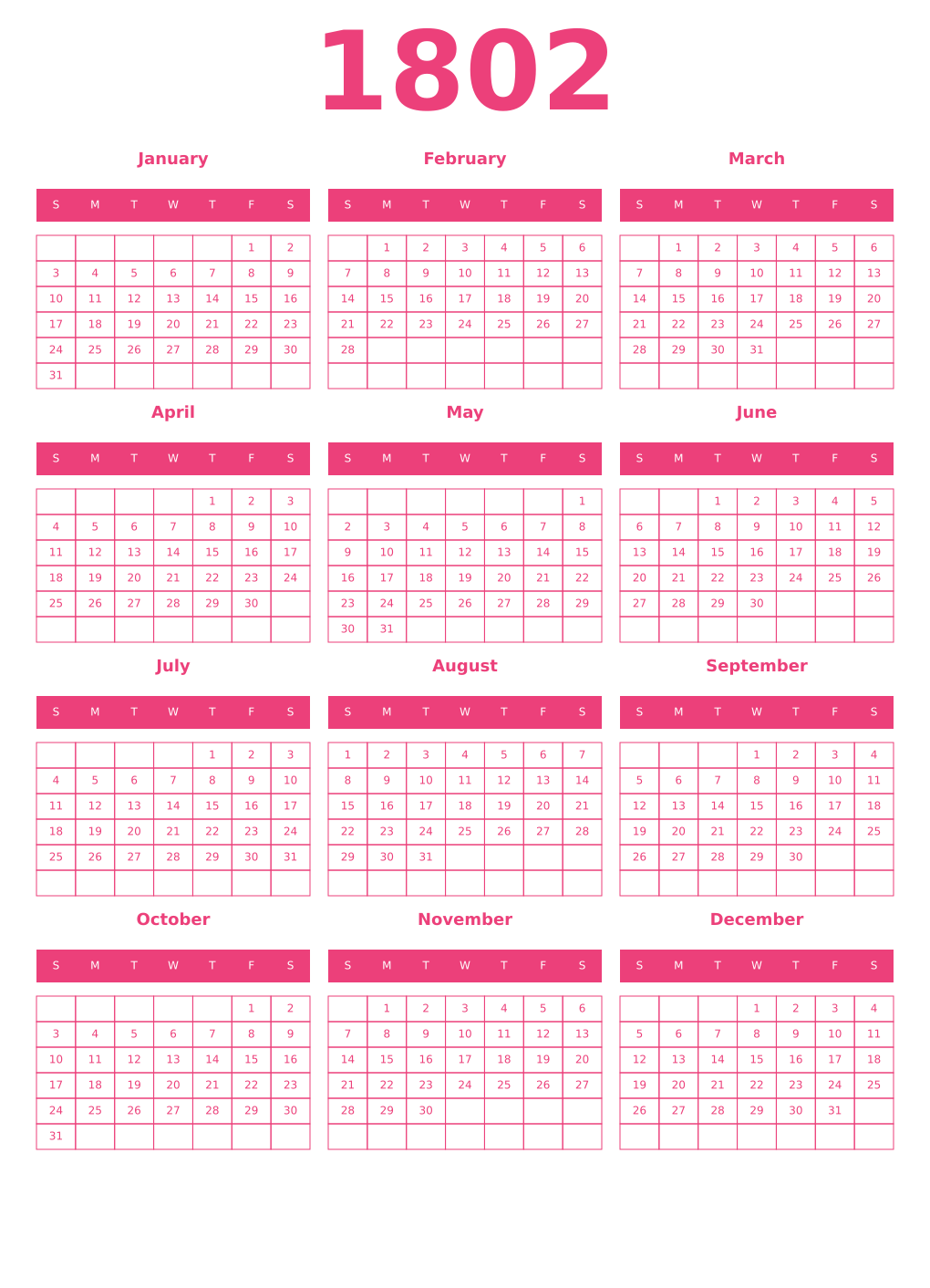 Printable 1802 Year Calendars pink