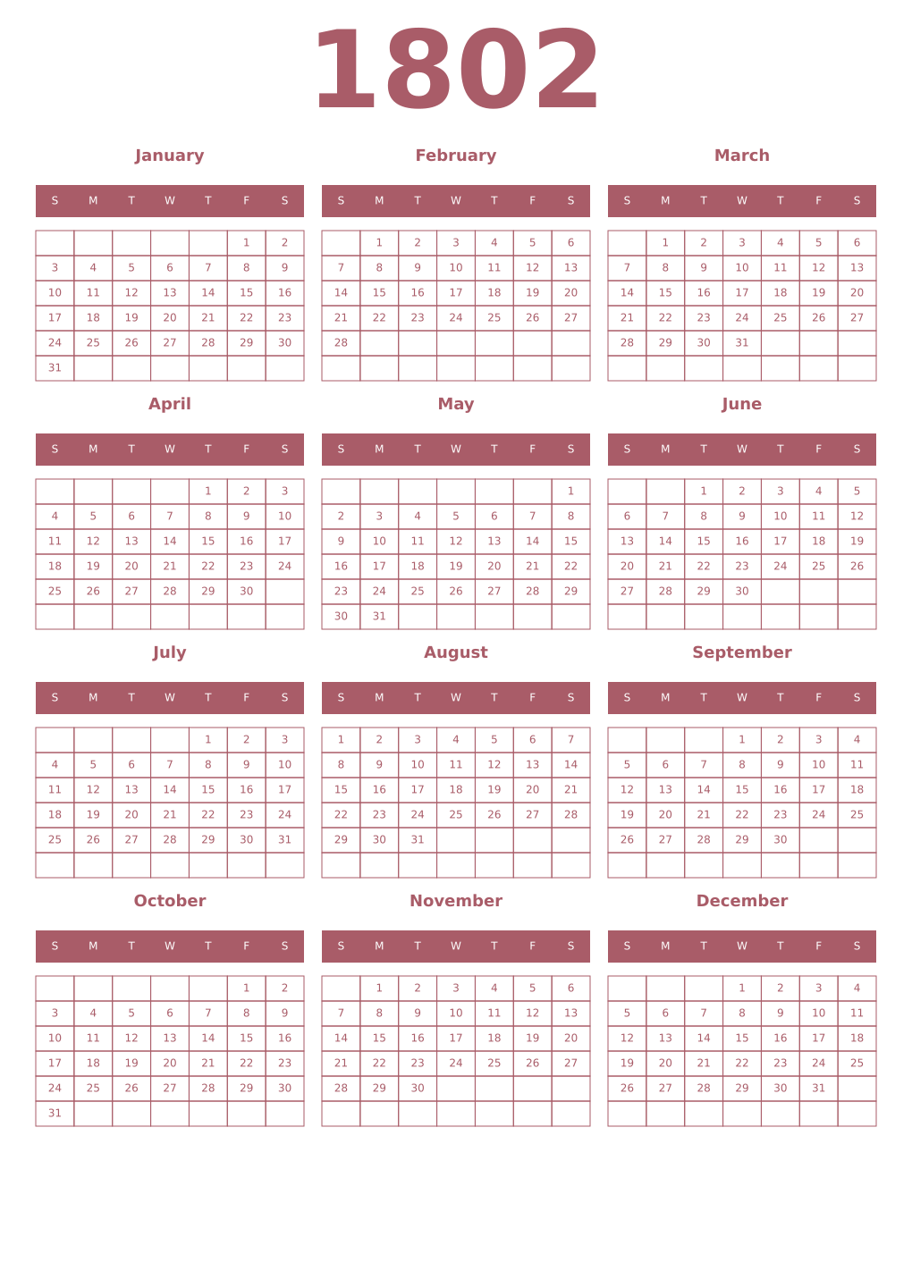Printable 1802 Year Calendars puce