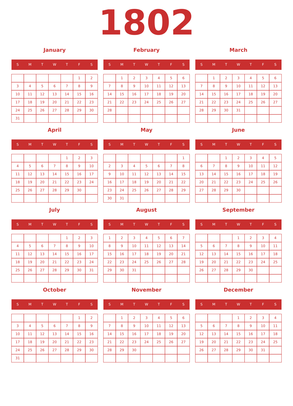 Printable 1802 Year Calendars red