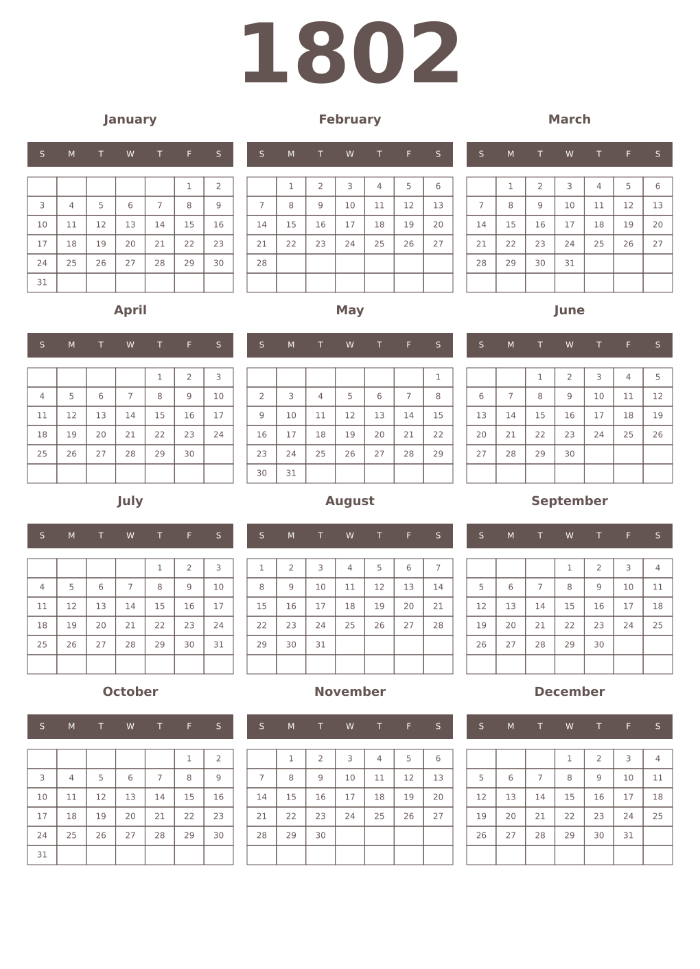 Printable 1802 Year Calendars wenge