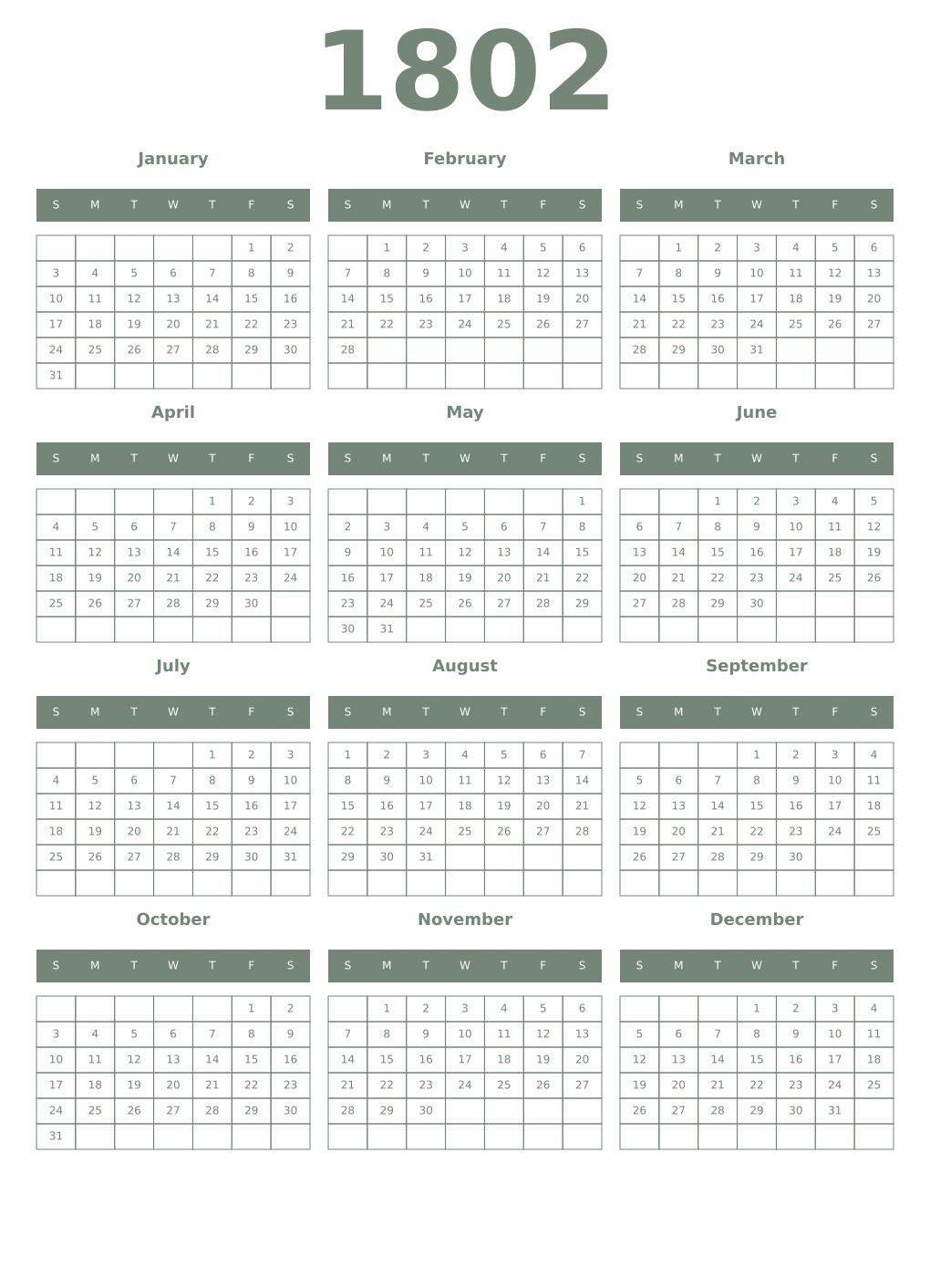 Printable 1802 Year Calendars xanadu