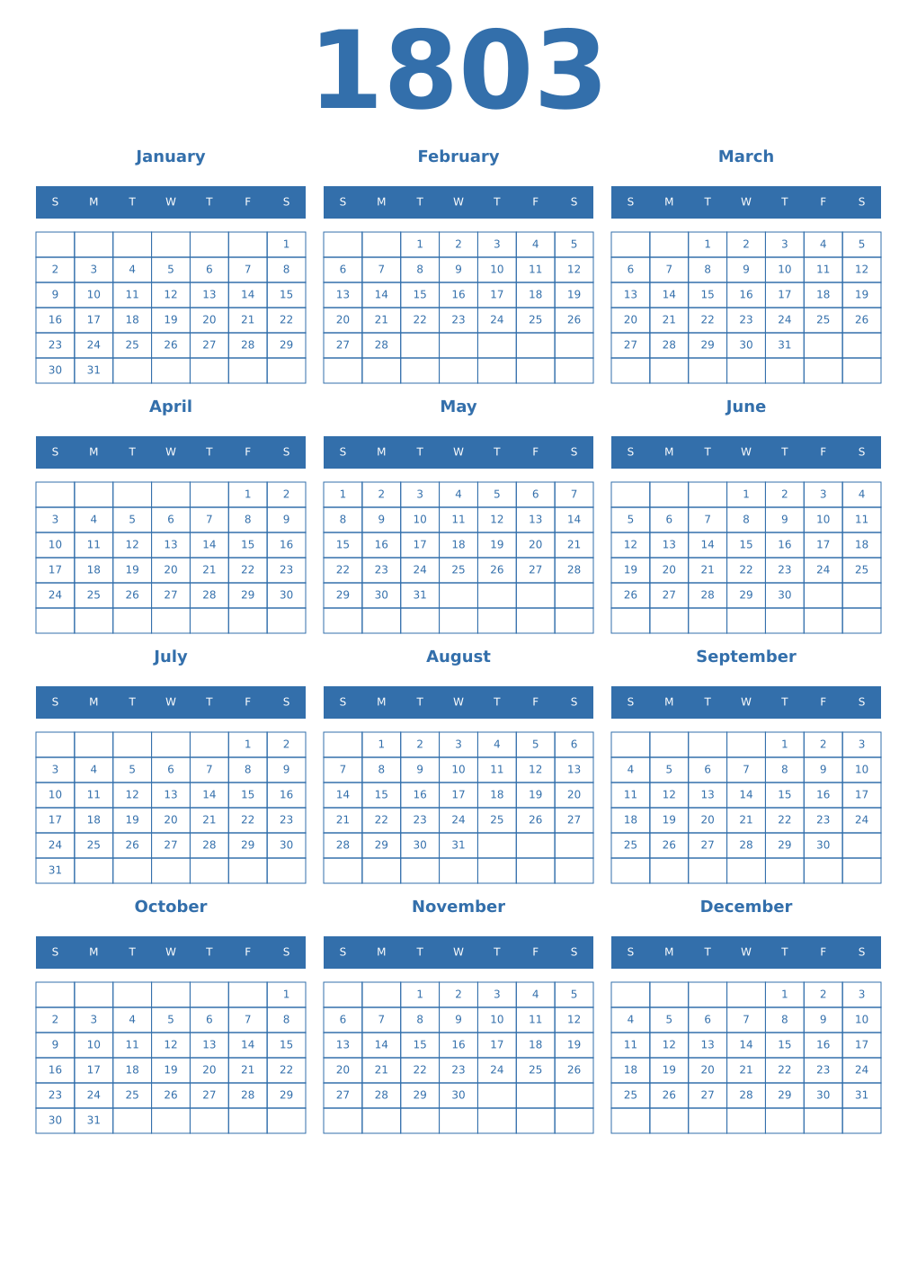 Printable 1803 Year Calendars blue