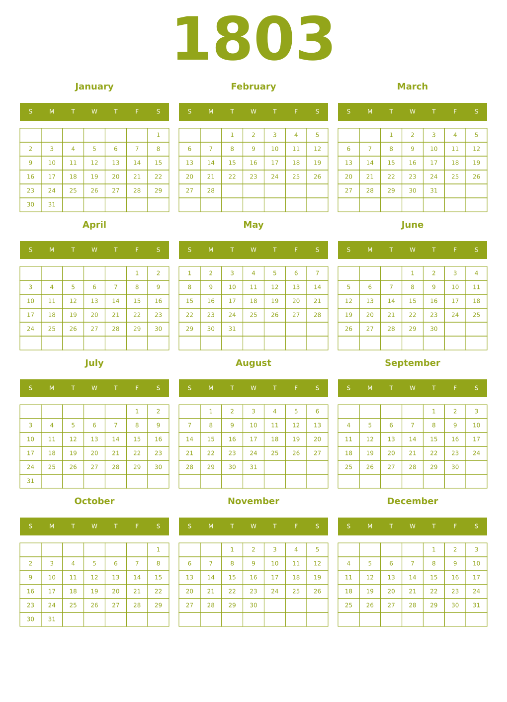 Printable 1803 Year Calendars chartreuse