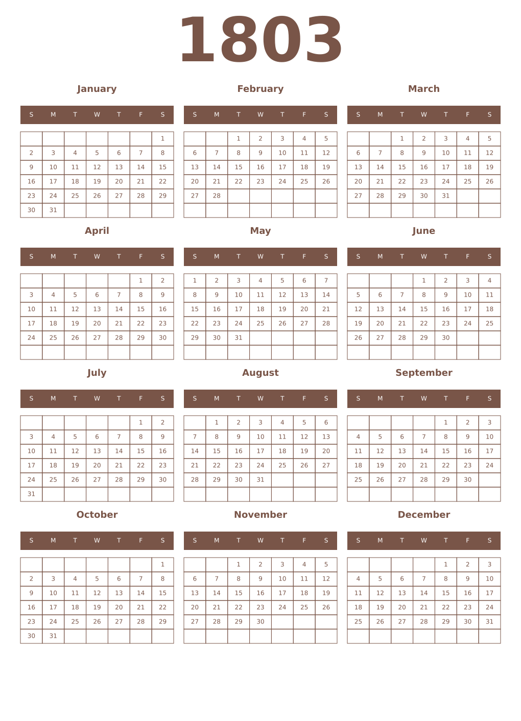 Printable 1803 Year Calendars coffe