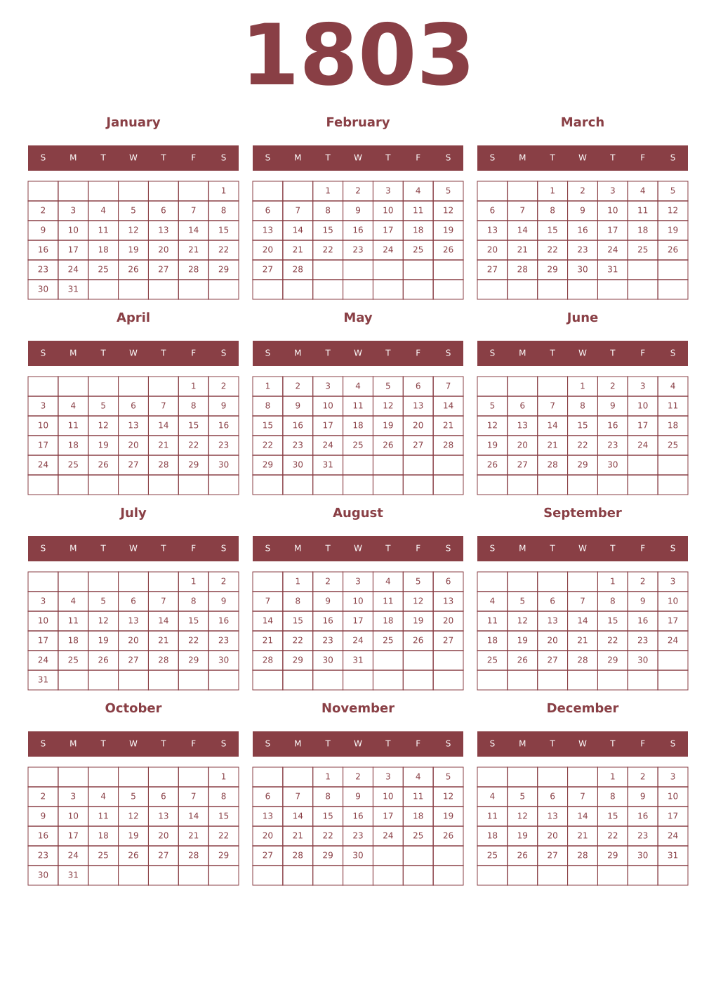 Printable 1803 Year Calendars cordovan