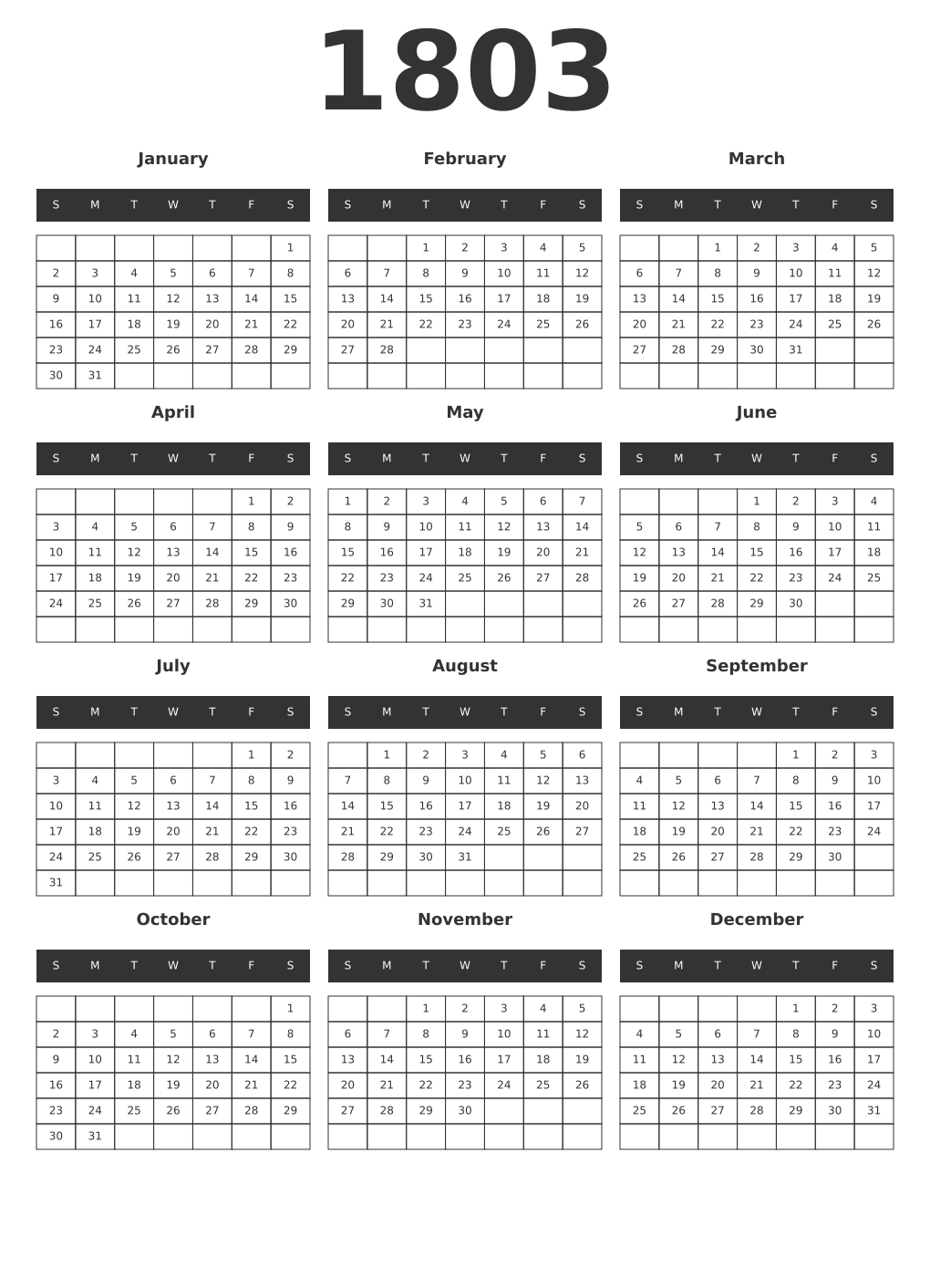 Printable 1803 Year Calendars dark