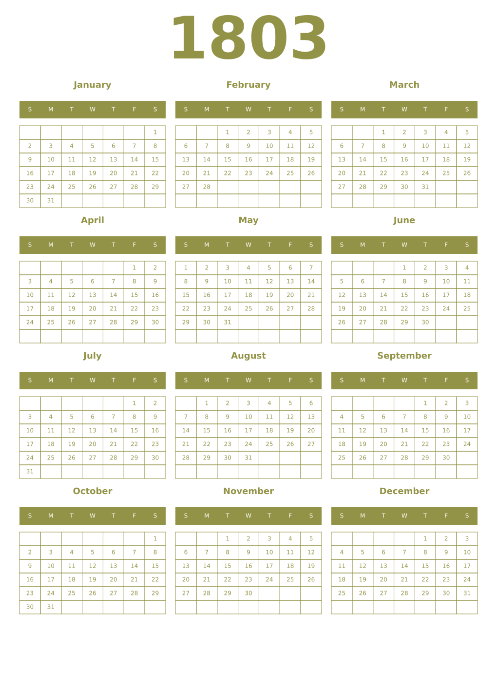 Printable 1803 Year Calendars eburnean