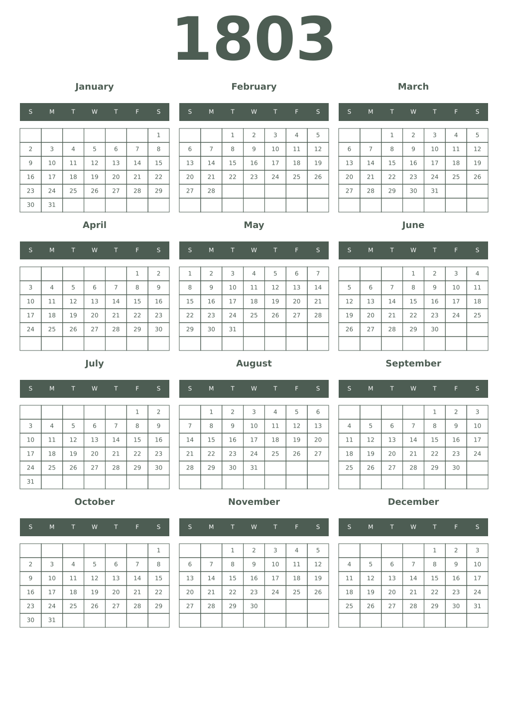 Printable 1803 Year Calendars feldgrau