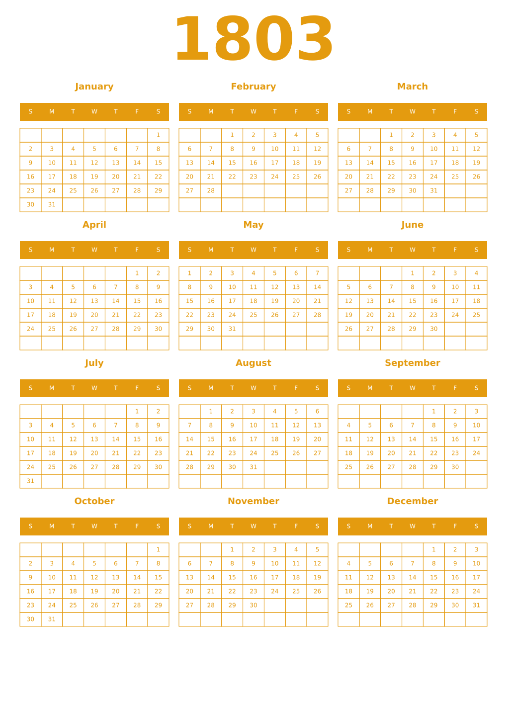 Printable 1803 Year Calendars gamboge