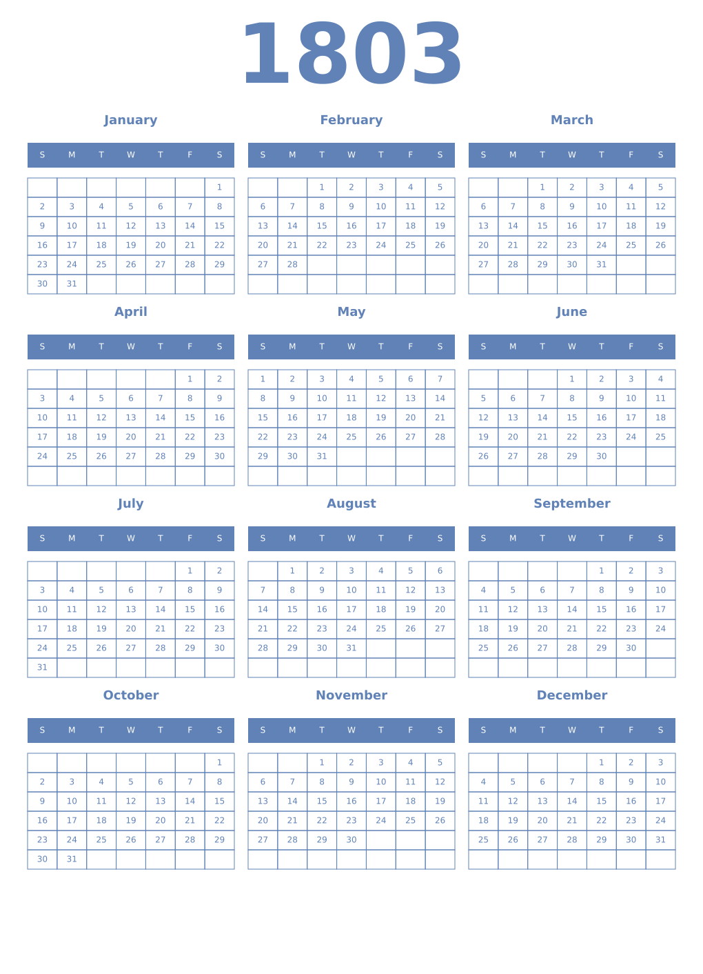 Printable 1803 Year Calendars glaucous