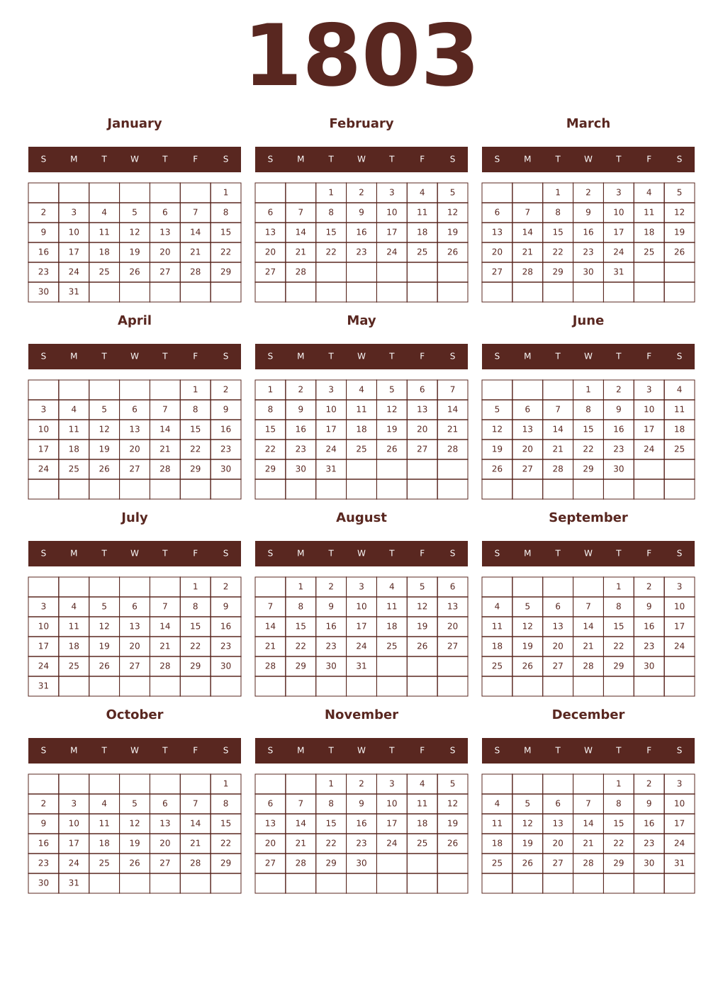 Printable 1803 Year Calendars mortuum