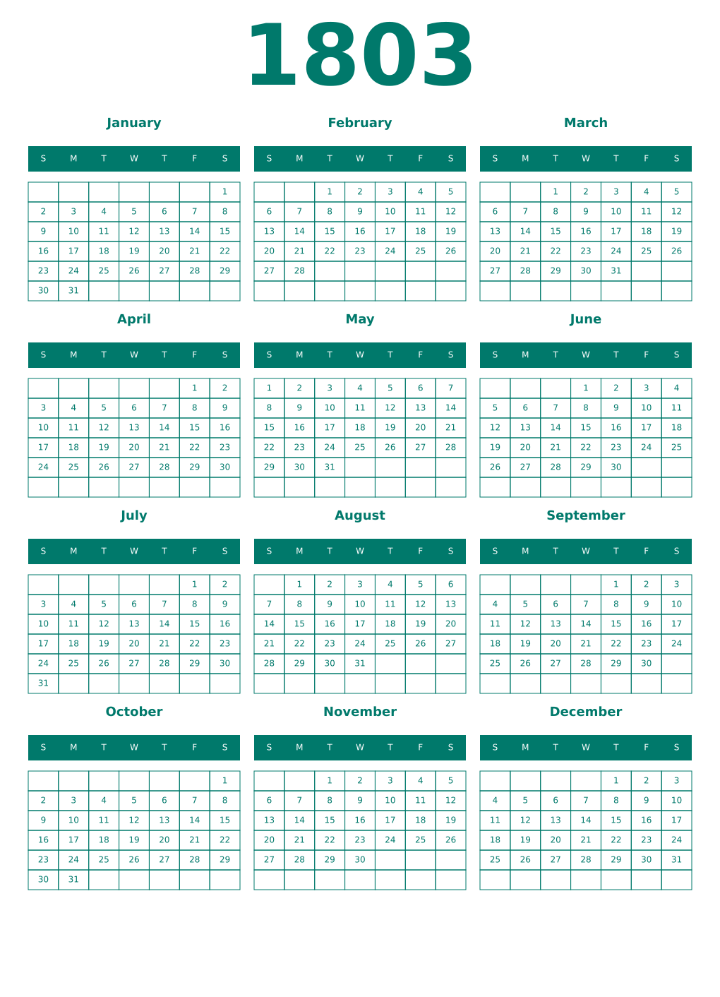 Printable 1803 Year Calendars pastel